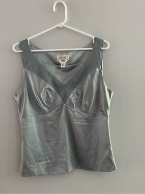 Talbots Petite Stretch Silk-Blend V-Neck Shell Light Gray-Green Sage Size 12